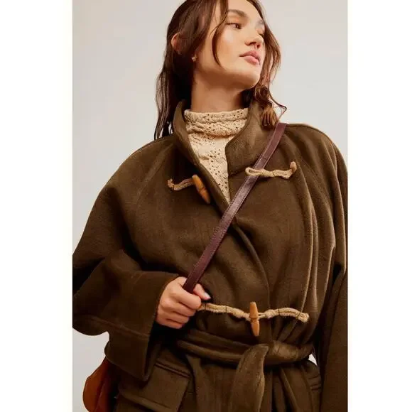 Free People Relaxed Fit Alma Longline Duffle Coat in Olive Oversized XS/ S NWT